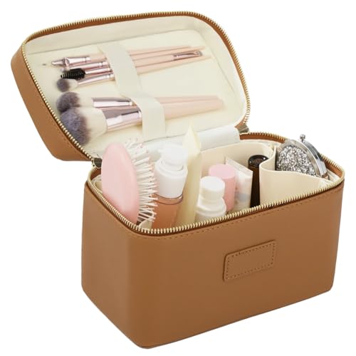 Makeup Vanity Bag for Women - Large Capacity Cosmetic Organizer with Removable Liner, Waterproof PU Leather Skincare Bag, Portable Chic Cosmetic Make Up Case for Skincare, Accessories,StyleB, Brown - color: Brown, size: StyleB