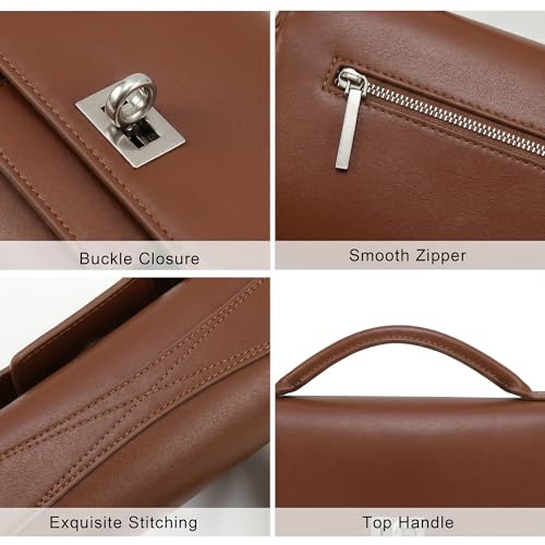 Genuine Leather Shoulder Bag for Women Top Handle Handbag Crossbody Purse | Silver-Tone Turn-Lock Closure, Adjustable Shoulder Strap, Smooth Zipper and Organized Interior with Convenient Card Slots - color: Brown
