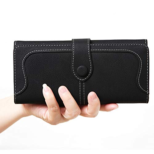Women's Vegan Leather 17 Card Slots Card Holder Long Big Bifold Wallet - color: Black