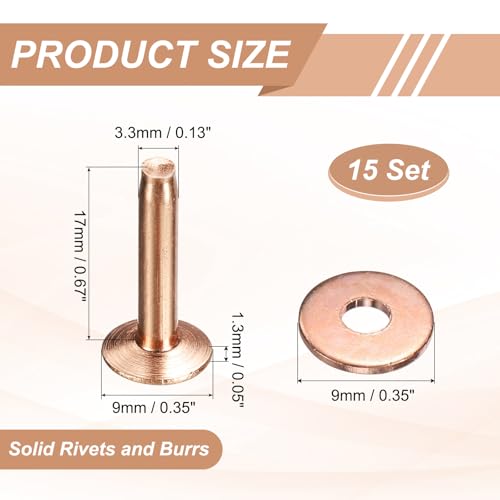 HARFINGTON 15Set Copper Rivets and Burrs Washers 9x3.3x17mm Dimpled Finish Solid Leather Rivet Fastener Studs Posts for Leather DIY Craft Belts Wallets Collars, Copper Tone - color: Copper Tone, size: 9x3.3x17mm