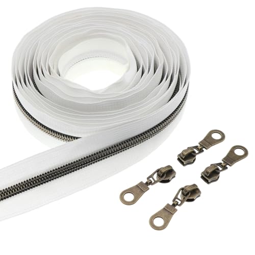 #5 Antique Brass Coil Zipper 5 Yards White Tape 10pcs Antique Brass Slider - color: White-brass
