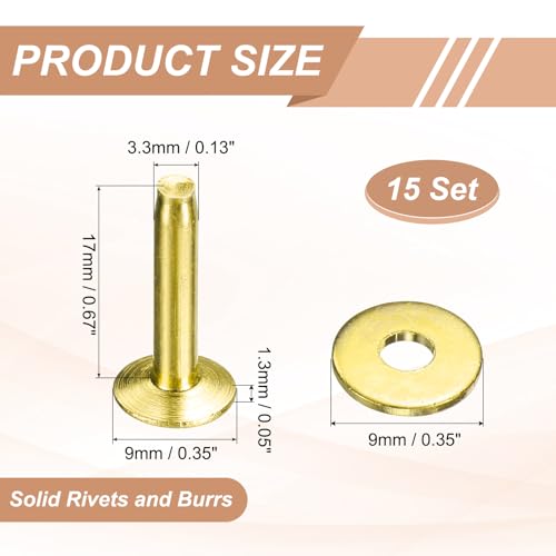 HARFINGTON 15Set Brass Rivets and Burrs Washers 9x3.3x17mm Dimpled Finish Solid Leather Rivet Fastener Studs Posts for Leather DIY Craft Belts Wallets Collars, Gold Yellow - color: Gold Yellow, size: 9x3.3x17mm