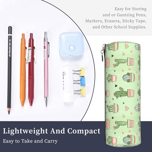 OSAM SPACE Leather Pencil Case Round Pencil Bag Cactus Heart Pen Organizer Holder Portable Zipper Pouch Cute School Supplies for Girls Boys Study Office - color: Cactus Heart
