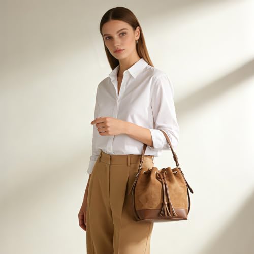 AFKOMST Suede Bucket Crossbody Bag and Shoulder Purse for Women - color: Brown