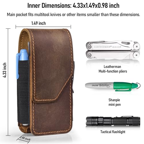 Leather Multitool Sheath Compatible with Leatherman Wave Plus Wingman Surge Rebar Multi Tool Holster with Belt Clip, Dark Brown