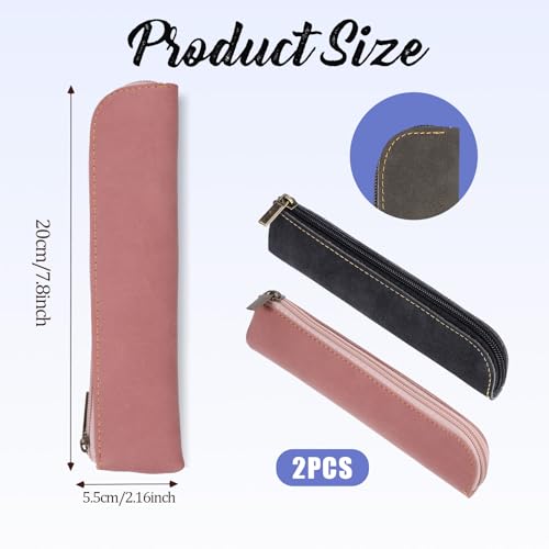Leather Pencil Pouch, 2 Pcs Slim Pencil Case Portable Small Pencil Pouch Soft Flat Pen Bags with Zipper Simple Makeup Bag Lipstick Case for Women Men Home, Office, Travel Outdoor (Black, Pink) - color: Pink, Black