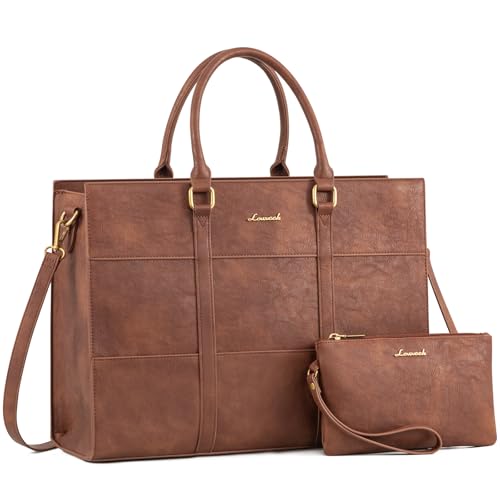 LOVEVOOK Laptop Bag for Women, 15.6 Inch Laptop Tote Bag, Vintage Leather Work Bags for Women, Waterproof Computer bag with Clutch Purse, Large Capacity Briefcase, Business Office Bag | Two-piece set - color: Vintage Brown, size: 15.6 inch