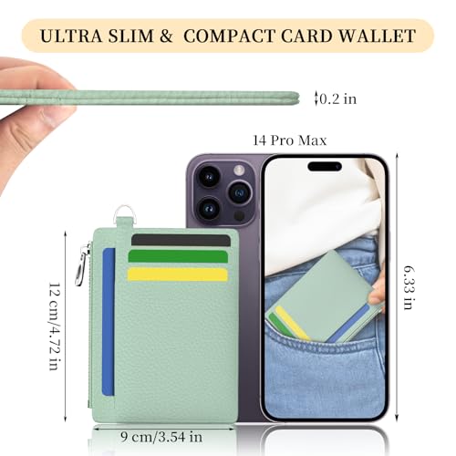 Hancynir Minimalist Small Wallet Women Credit Card Holder, RFID Slim | Zipper Pocket Wallet, Thin Travel Coin Purse, Ladies Women Gifts, Cute Card Case, 6 Card Slots, ID Window, PU Leather - color: 1- Lichee GR