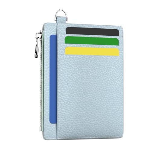 Hancynir Minimalist Slim Wallet Women Credit Card Holder, RFID Small Cute | Zipper Pocket Wallet, Thin Travel Coin Purse, Ladies Women Gifts, Key Chain Card Case, 6 Card Slots, ID Window, PU Leather - color: 01-Lichee Blue
