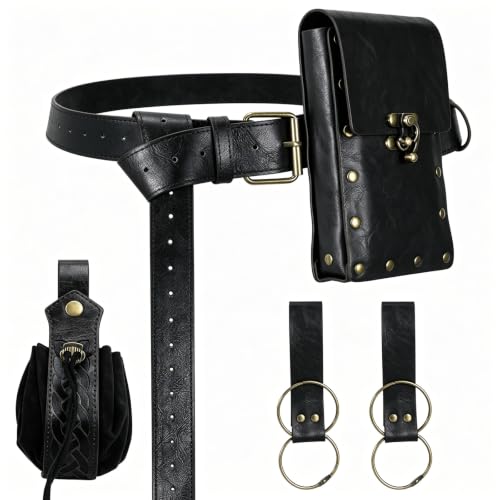 Renaissance Belt Pouch Medieval Pirate Costume Accessories, Golden Black | Viking Faux Leather, Waist Bag with Skirt Hikes, For Cosplay LARP - color: Golden Black