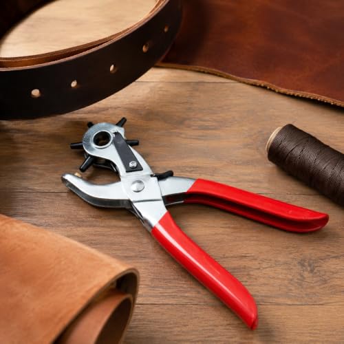 1 Pc Heavy Duty Faux Leather Belt Hole Punch Pliers Rotary Steel Hand Tool with Red Rubberized Grip for Sewing Crafting Projects