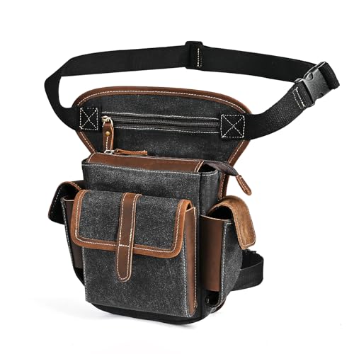 Water Resistant Canvas + Leather Motorcycle Travel Fanny Waist Pack Drop Thigh Leg Bag Pouch For Men Women FB913-5 - color: Black