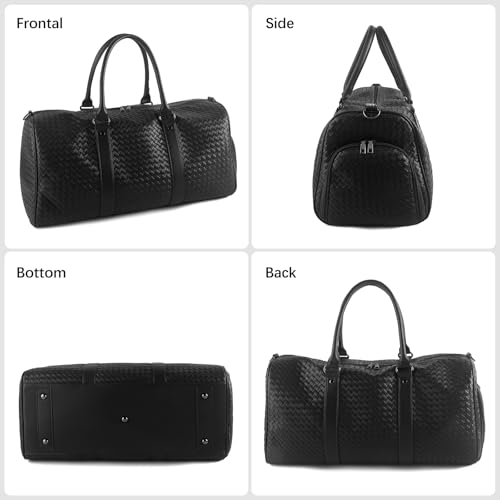 Weekender Bags for Women Woven Leather Travel Duffle Bag Gym Tote (Black) | Carry On Bag for Men with Shoe Compartment Dry and Wet Separation - color: Black