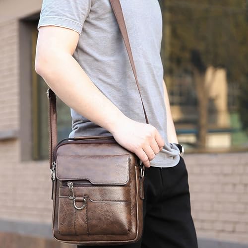 Small Crossbody Bag, Mens Shoulder Bag, Vintage leather Bag Office Business for Men, Handbag Purse Zipper - color: Brown