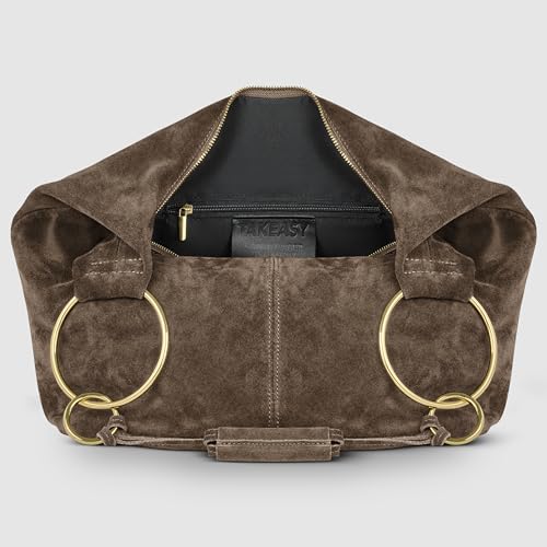Italian Genuine Suede Hobo Bag for Women with Zippered Closure and Ring Handle Hardware | Large Shoulder Handbag (Tobacco) - color: Tobacco