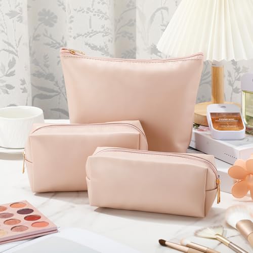 Kigeli 3 Piece Leather Makeup Bag Set Graduation Women Gifts PU Leather Makeup Toiletry Bag Bridesmaid Cosmetic Pouch Small Aesthetic Travel Purse for Wedding Birthday Women Gifts(Pink) - color: Pink