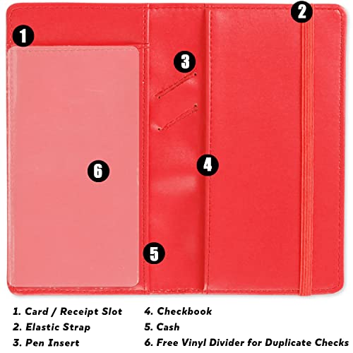 LOLOMLO PU Leather Checkbook Cover for Register Duplicate Checks, RFID Blocking Checkbook Holder, Red, Simple Style - color: Red, style: Simple Style