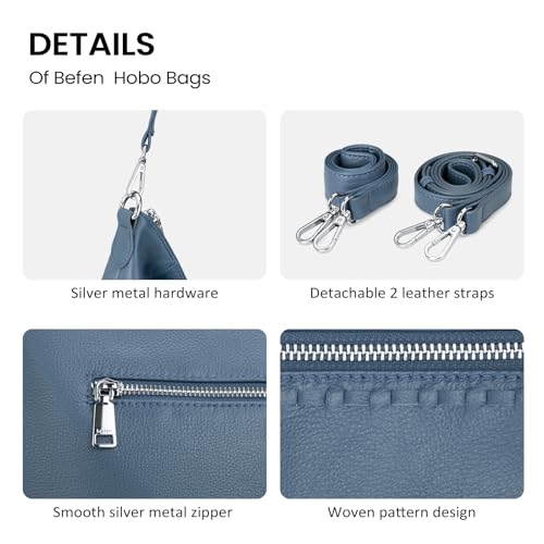befen Genuine Leather Crossbody Hobo Purse for Women Soft Lightweight Leather Handbags with 2 Removable Straps - color: Blue