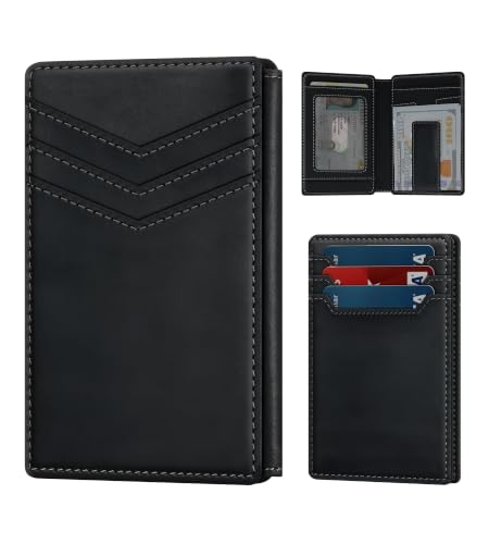 Genuine Leather Slim Wallet for Men: Minimalist RFID Wallet Holds 15 Cards - color: Premium Genuine Leather Black