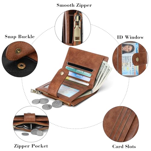 GAEKEAO Small Wallet for Women Leather RFID Blocking Card Holder Bifold Zipper Pocket Wallet with ID Window - color: Black-Brown