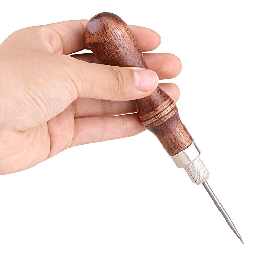 Fdit 4 in 1 Wooden Handle Leather Craft Sewing Kit Awl DIY Hole Punch Tool for Leather Sewing Hand Stitching