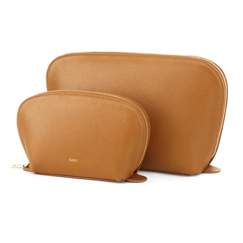 Kattee Leather Makeup Bag Set for Women, 2 Pack, Brown - color: Brown, size: 2-Pack, Medium+Large