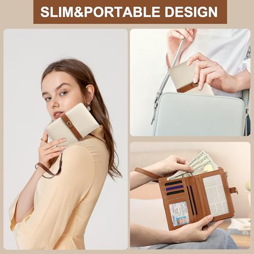 Small Wallet Women RFID Blocking Vegan Leather Slim Thin Bifold Credit Card Wallet Passport Holder Ladies Travel Wallet Mini Purse with Zipper Pocket - color: Beige Brown