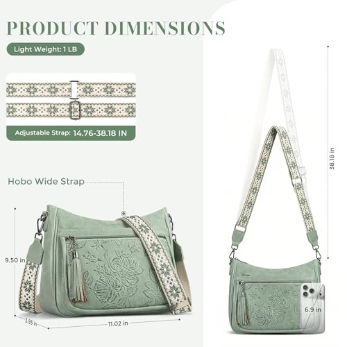 Crossbody Bags for Women, Medium Vegan Leather Purses | Large Capacity Multi-Pocket Embossed Shoulder Bag with Boho Strap for Daily Travel - color: Green