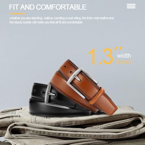 Men's Genuine Leather Dress Belts, 2 Pack, 1.32" Wide, | 100% genuine cowhide leather, handcrafted with classic prong buckles for business, casual, office, suit, jeans and daily wear - color: 06 Black Belt/Tan Belt, size: Fits 30" to 34" waist