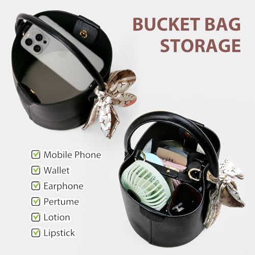 Mini Bucket Bags for Women, Vegan Leather Small Crossbody Purse with Removable Straps Trendy Top Handle Shoulder Straps - color: Black