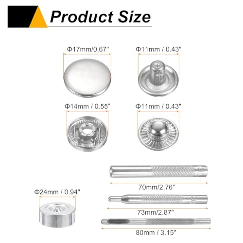 HARFINGTON 24Set Leather Snaps Fasteners Kit 17mm Dia Brass Press-Stud Cap Button 2.76" Length Metal Snap Buttons with 4 Install Tools for Coat Bag Leather Marine Boat Canvas, Silver - color: Silver, size: 17mm