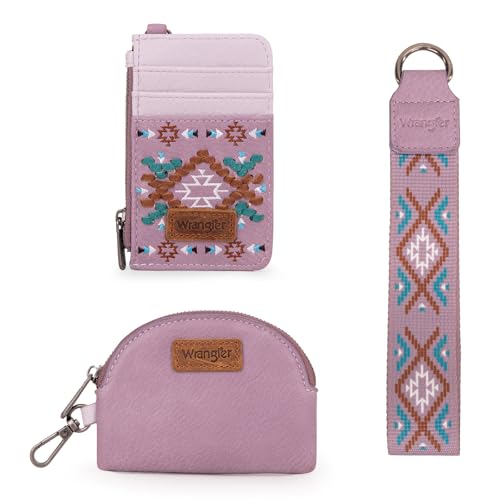 Wrangler Western Keychain Wristlet Wallets for Women Retro Dual Pouch Wristlet Credit Card Holder Wallet with Zipper Pocket WG2214-W0051PP - color: Aztec-Purple