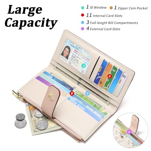 GAEKEAO Womens Wallet Slim Thin RFID Blocking Floral Vegan Leather Card Holder Bifold Long Ladies Wallet with Zipper Pocket - color: Pink