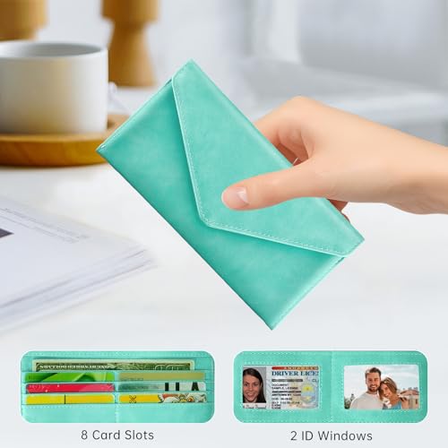 Portable Multi-card Holder Case RFID Blocking Leather Card Wallet for Women, Envelope Style, Mint Green - color: Mint Green