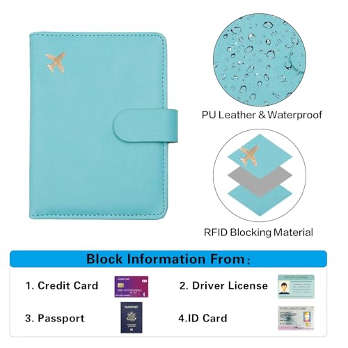 Melsbrinna Premium Leather Passport Holder Covers Case, Waterproof Rfid Blocking Travel Wallet Passport Holder with Pen Holder, Cute Passport Book for Women/Men - color: AW-Lake Blue