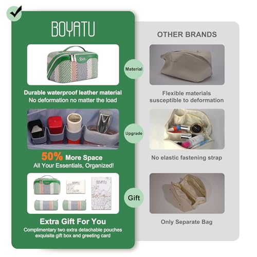 BOYATU Makeup Bag, Makeup Organizer, Toiletry Travel Bag for Women - Green | 3 Pcs Vegan Leather Cosmetic Bag with Compartments - 180° Open-Flat Makeup Organizer - Waterproof Large Capacity Toiletry Bag - color: C-2-Green