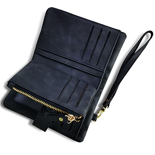AOXONEL Women's Small Bifold Leather wallet Rfid blocking Ladies Wristlet with Card holder id window Coin Purse - color: Black