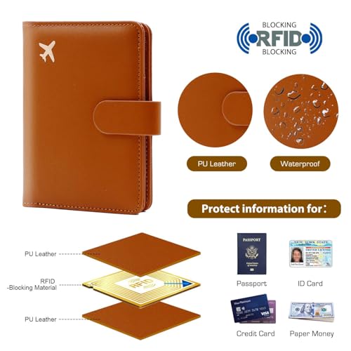 Melsbrinna Premium Leather Passport Holder Covers Case, Waterproof Rfid Blocking Travel Wallet Passport Holder with Pen Holder, Cute Passport Book for Women/Men - color: AIR-BROWN