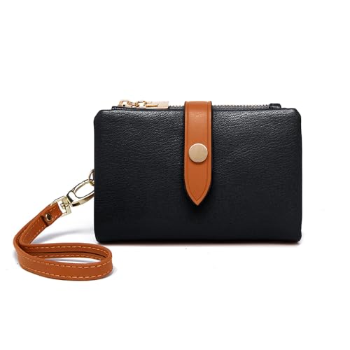 TPKUENL Wallets for Women Small Bifold Rfid Leather Zipper Coin Pocket Wrist Strap(Black) - color: Black