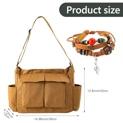 Canvas Messenger Bag for Women, Grunge Bag with Fairy Grunge Bracelet, Crossbody Bag with Bracelets Fairy Grunge Clothes - color: Brown