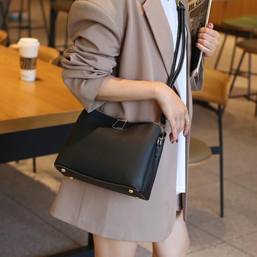 Leather Bucket Bag for Women, Soft Crossbody Top-handle Purse | Small Tote Handbag with 3 Style Detachable Straps, Spacious Daily Handbag for Work Outing Daily Use - color: Black