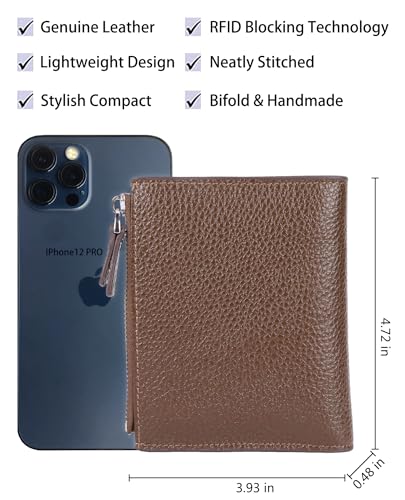 Women's RFID Blocking Leather Small Compact Bi-fold Zipper Pocket Wallet Card Case Purse with id Window - color: Lichee Coffee