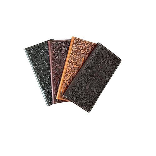 Men’s Western Long Leather Wallet – Handmade Embossed Cross Design, Tooled Rodeo Cowboy Bifold Checkbook Wallet, Slim Western Wallet for Cowboys & Ranch Wear (L Brown) - color: L Brown