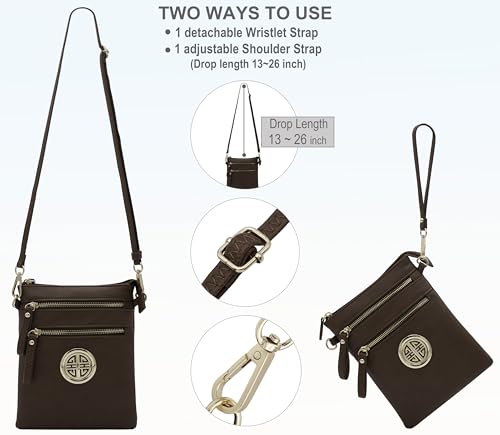 Small Multi Zipper Pockets Crossbody Bag with Detachable Wristlet - color: Coffee