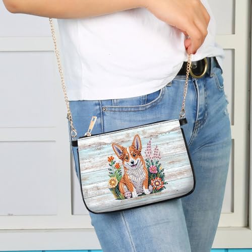 POETRYDRAW 5D DIY Diamond Art Purses Diamond Art Kits for Adults, Flower Puppy Shoulder Makeup Bag Chain Leather Clutch Purse, Holiday Birthday