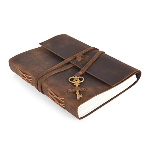 Leather Journal Travel Diary, Handmade Vintage Bound Notebook for Men & Women, Antique Key, Genuine Buffalo Leather- Quality Unlined Cream Paper Perfect for Notes, Art Sketchbook, 8X6 Inches, Cream - style: 8X6 Inches - Cream Unlined with Key