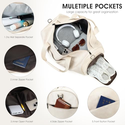 3PCS Faux Leather Weekender Bag for Women Men Travel Bag Overnight Bags | Leather Travel Duffel Bags for Traveling with Shoe Compartment Toiletry Packing Cube Carry On Tote Bag Men Fit 21.5" Laptop - color: White