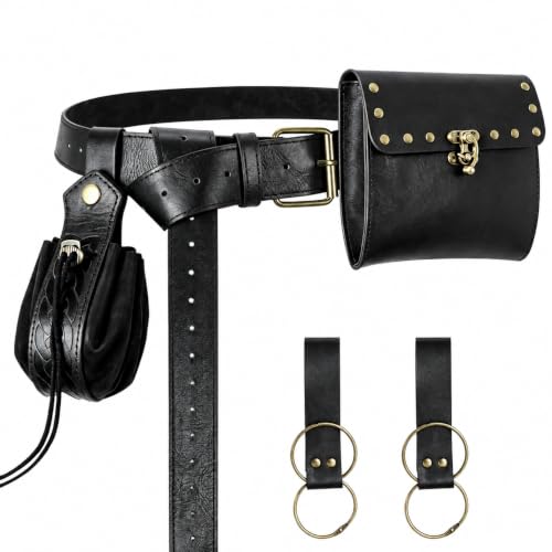 Renaissance Belt Pouch Medieval Pirate Costume Accessories Set for Cosplay | Viking Faux Leather Waist Bag, Skirt Hike Clips, Perfect for Women and Men Ren Faire, LARP, Fantasy, Halloween - color: Black-D