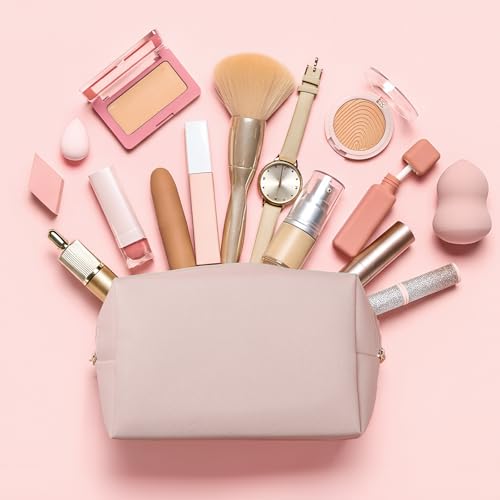 Kigeli Leather Makeup Bag PU Leather Cosmetic Pouch Wide-open Waterproof Toiletry Organizer with Dividers Travel Bag Birthday Valentine's Day Gifts for Women Friend Sister Daughter BFF(Nude Pink) - color: Nude Pink
