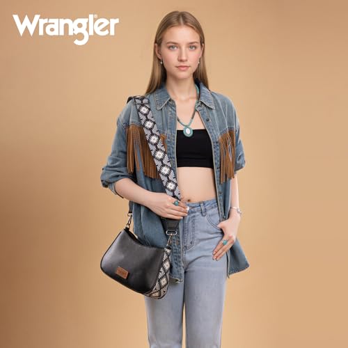 Wrangler Shoulder Bag for Women Western Small Purse Hobo Handbag | Aztec, Underarm Bag, 2 Detachable Straps, Secure Zipper Closure, Back Pocket, Crossbody Bag for dates, travel and everyday - color: Black